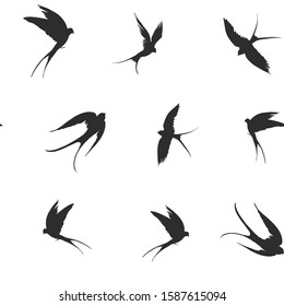 Seamless patterns with flying swallows. Vector shapes with transparent background. 