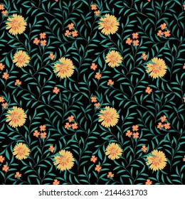 seamless patterns With Foliage and Floral on Black background. Vector design for paper, cover, fabric, interior decor and other users