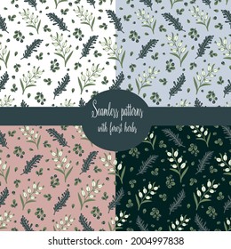 seamless patterns with forest herbs, berries, leaves, branches, background with botanical elements, stylized vector graphics