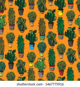 Seamless patterns, in the form of green cacti with large spikes, in multi-colored pots, drawn with a pen on paper, on an orange background, a wallpaper element for your interior and design project.