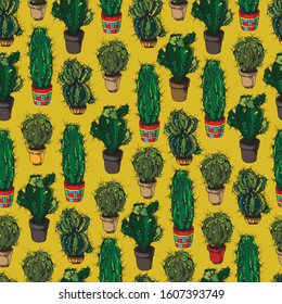 Seamless patterns,
in the form of green cacti with large spikes, in pots, drawn with a pen on paper, on an olive background, wallpaper element for your interior and design project.