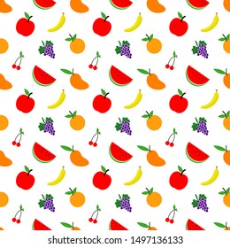 seamless patterns of fresh fruits background grapes, cherries, oranges, bananas, mangoes, apples and watermelons