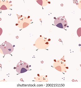 Seamless patterns. Funny cute birds - a boy chick and a girl hen on a light background with flowers. Vector illustration for kids collection, design, decor, prints, textiles, wallpapers
