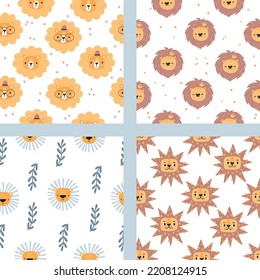 Seamless patterns with funny cute lion. Childish animal background. Perfect for fabric, textile, wallpaper. Vector illustration. 
