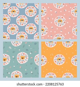 Seamless patterns with funny cute lion. Childish animal background. Perfect for fabric, textile, wallpaper. Vector illustration. 