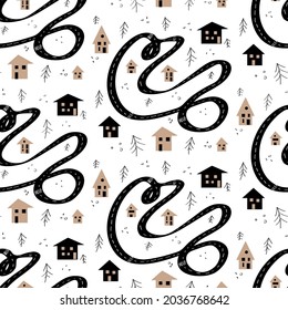 
Seamless patterns with funny 
houses and roads. Childish monochrome background. Perfect for fabric, textile, wallpaper. Vector illustration
