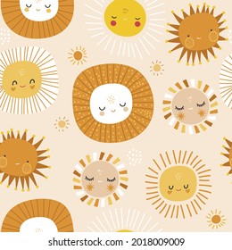 Seamless patterns with funny sun characters. Childish summer background. Perfect for fabric, textile, wallpaper. Vector illustration