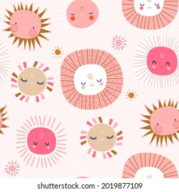 Seamless patterns with funny sun characters. Childish pink background. Perfect for fabric, textile, wallpaper. Vector illustration