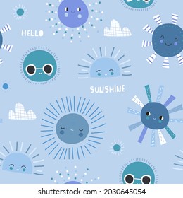 Seamless patterns with funny sun illustrations. Childish blue background. Perfect for fabric, textile, wallpaper. Vector illustration