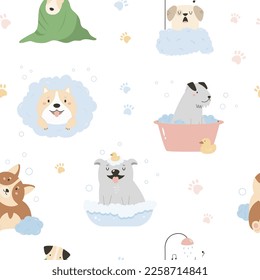 Seamless patterns with funny washing dogs of different breeds. Good for apparel, pets goods, wrapping paper.