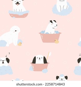 Seamless patterns with funny washing dogs of different breeds. Good for apparel, pets goods, wrapping paper.