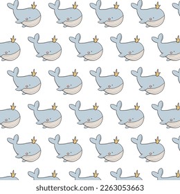 Seamless patterns with funny whale. Childish vector illustration. Perfect for fabric, textile, wallpaper.
