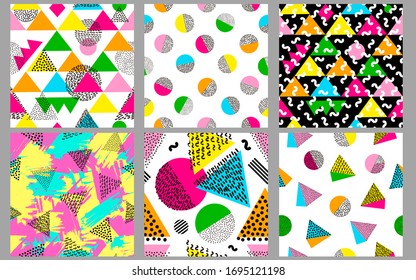 Seamless patterns. Geometric backgrounds. Memphis style. 80s years. Vector illustration