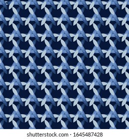 Seamless patterns. Geometric lattice of simple elements. Ornament. Design for paper, textile, fabric, ceramics, tiles. In trendy colors of 2020. Classic blue on a dark background. Vector graphics.