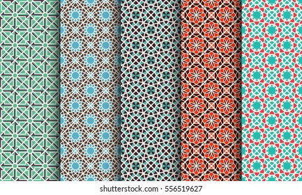 Seamless Patterns With Geometric Ornaments. Vector Set Of Arabic Textures