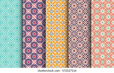 Seamless patterns with geometric ornaments. Vector set of arabic seamless textures