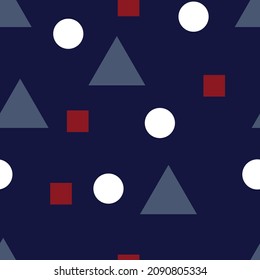 Seamless patterns with geometric shapes, circles, triangles and squares.