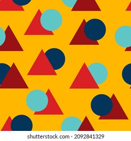 Seamless patterns with geometric shapes, triangles and circles.