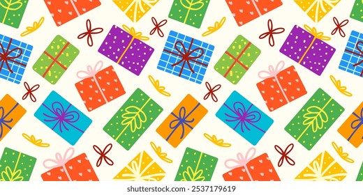 Seamless patterns of gift box in different variations with bright colors and ribbons for print, wallpaper design, wrapping or festive background of winter holiday.