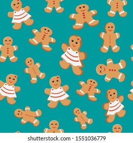 Seamless patterns with gingerbread cookies. Gingerbread man and woman decorated colored icing.