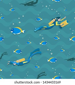 Seamless patterns with girls scuba divers and tropical fish. Divers in wetsuits, flippers and with a scooter, swimming under water. Underwater background.