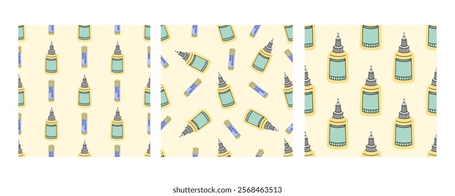 Seamless patterns with glue bottles and glue sticks for school in flat doodle style