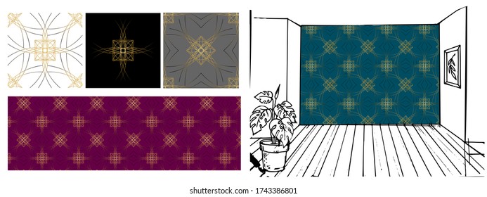 Seamless patterns with a golden lines, geometric shapes. Room interior mock up with wall seamless pattern wallpaper. Art Deco, Vintage, Retro. Blue,gray, black,purple background for cover, tile.Vector