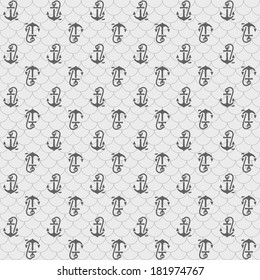 Seamless patterns, gray anchors. Vector illustrations, silhouettes isolated on gray background