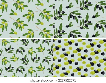 Patrones sin foco con aceitunas verdes y negras. Conjunto de hermosas texturas naturales.