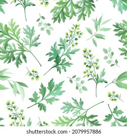 Seamless Patterns With Green Leaves. Wild Herbs And  Sagebrush Ornament. Vector Illustration.	