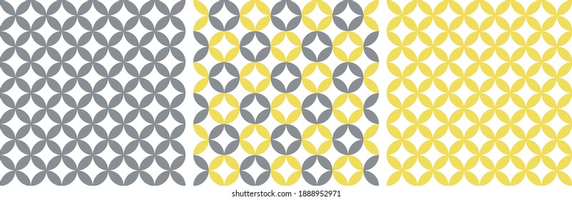 Seamless patterns in grey, yellow, white. Japanese shippo seven treasures geometric backgrounds for wallpaper, gift wrapping, tablecloth, or other modern spring summer textile and paper design.