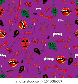 Seamless Patterns Halloween vector design  Dracula teeth,bone,skeleton,gravestone, canovirous plant,bat,haunted tree eps background 