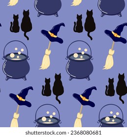 Seamless patterns of Halloween witch hat, broom, black cats and potion pot on isolated background. Hand drawn background for Halloween decoration, scrapbooking, greeting cards design, wall paper.