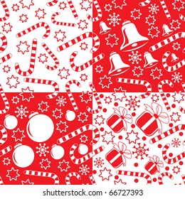 Seamless patterns with hand bells, candy canes, gift-boxes and christmas decoration. Vector illustration.