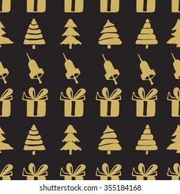 Seamless patterns with hand bells, gift boxes and christmas trees,  fir-tree decoration vector illustration. Christmas elements.