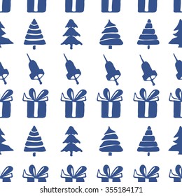 Seamless patterns with hand bells, gift boxes and christmas trees,  fir-tree decoration vector illustration. Christmas elements.