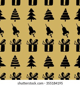 Seamless patterns with hand bells, gift boxes and christmas trees,  fir-tree decoration vector illustration. Christmas elements.
