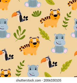 Seamless patterns with hand drawn animals. Tiger, hippo and toucan. Design for the nursery.	