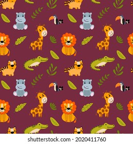 Seamless patterns with hand drawn animals. Lion, tiger, hippo, giraffe and toucan. Design for the nursery.	