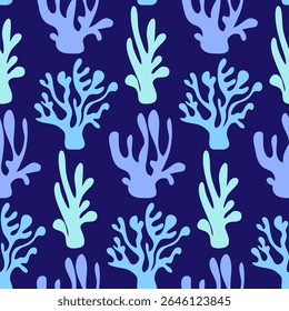 Seamless patterns of hand drawn corals and seaweed on isolated background. Design for summertime celebration, scrap booking, wedding invitation, textile, home decor, nursery decoration, paper craft.  