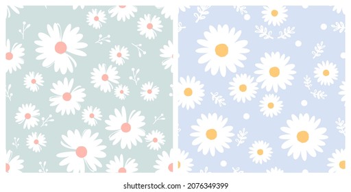 Seamless patterns with hand drawn daisy flower on pastel green and blue backgrounds vector illustration. Cute floral print.