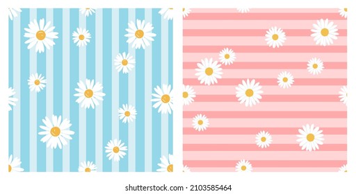 Seamless patterns with hand drawn daisy flower on blue and pink stripe backgrounds vector illustration.