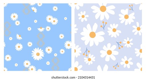 Seamless patterns with hand drawn daisy flower on blue and purple backgrounds vector illustration.