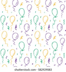 Seamless Patterns With Hand Drawn Doodle Air Balloons And Confetti. Birthday, Carnival Party Background.