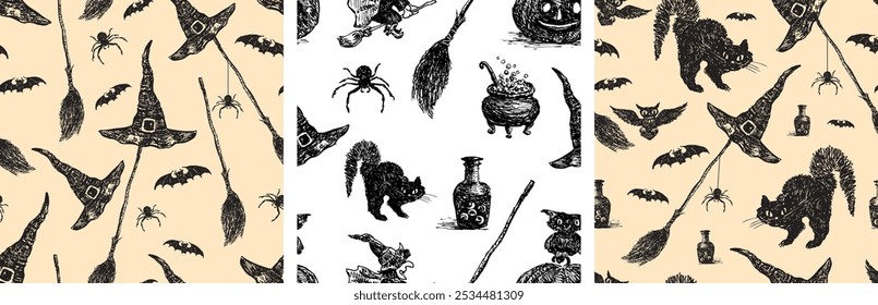 Seamless patterns of hand drawn Halloween symbols, witch hat, black cat, broom, spider, poison, bats, owls, backgrounds, wallpaper, paper, vector illustration