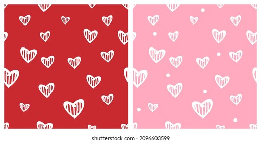 Patrones sin inconvenientes con corazones dibujados a mano sobre fondo rojo y rosa de ilustración vectorial.