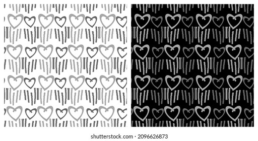 Nahtlose Muster mit handgezeichneten Herzen auf weißem und schwarzem Hintergrund, Vektorgrafik.
