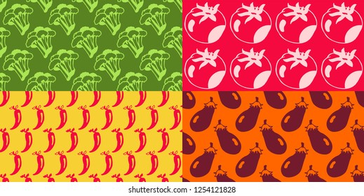 Seamless Patterns - Hand drawn icons - Vegetables -  Broccoli, Tomatoe, Pepper, Egg plant