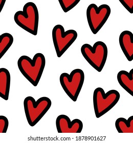 Seamless patterns with hand drawn red hearts with black outline. Seamless background with hearts. Valentine's Day. Gift wrap, print, cloth, cute background for a postcards, poster, party.