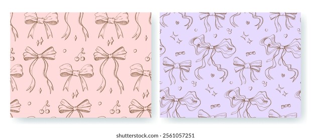 Seamless patterns with hand drawn ribbon bows, decorative elements on pastel background. Two variations. Romantic, vintage, coquette background in sketchy style for decoration, print packaging, fabric